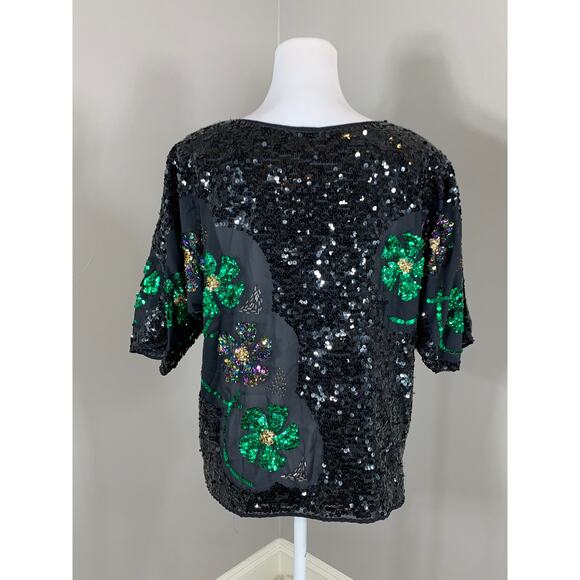 Vintage Green Black Sequin Top Cocktail Night Holiday Party Christmas Indie Alt - Picture 5 of 9